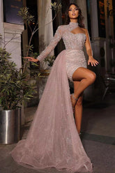 Gorgeous High Neck Prom Dress with Pearls and Ruffles